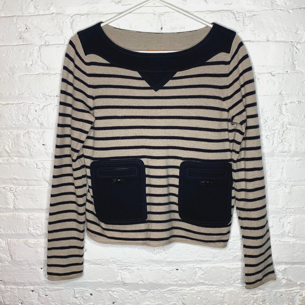 Tory Burch Owen‎ Cashmere Stripes Sweater Tan Navy Blue Striped Boatneck  SZ S